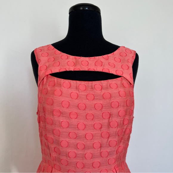 Eva Franco Pleated Coral Keyhole Polka Dot Sleeveless Fit & Flare Dress, 8 - Picture 4 of 11